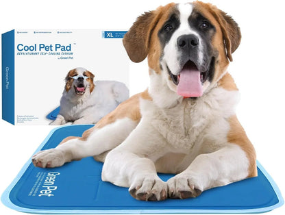 Essential Selects blue self-cooling gel pet pad with a large dog resting comfortably on it for heat relief.