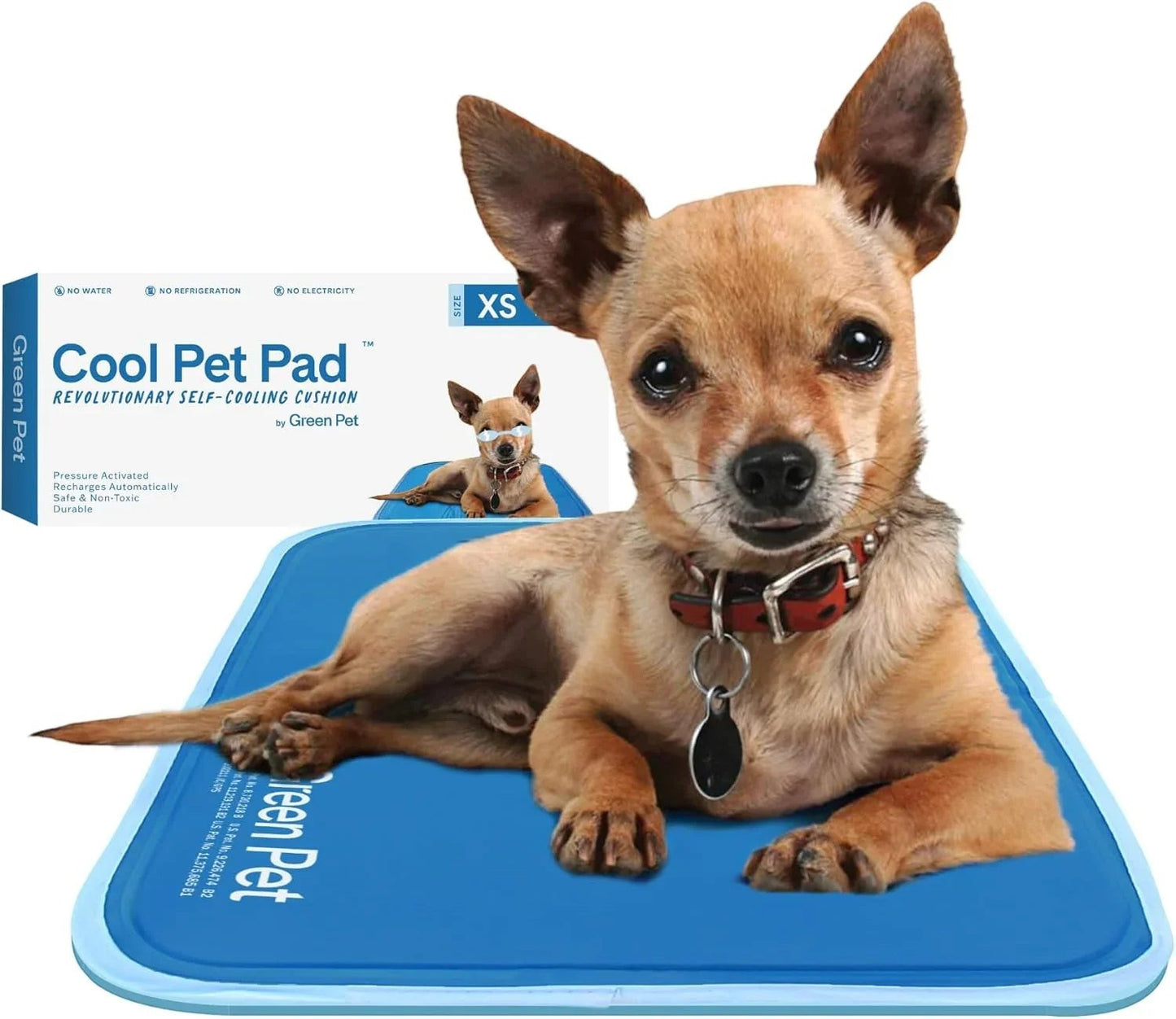 Essential Selects blue self-cooling gel pet pad with a small dog resting comfortably on the surface
