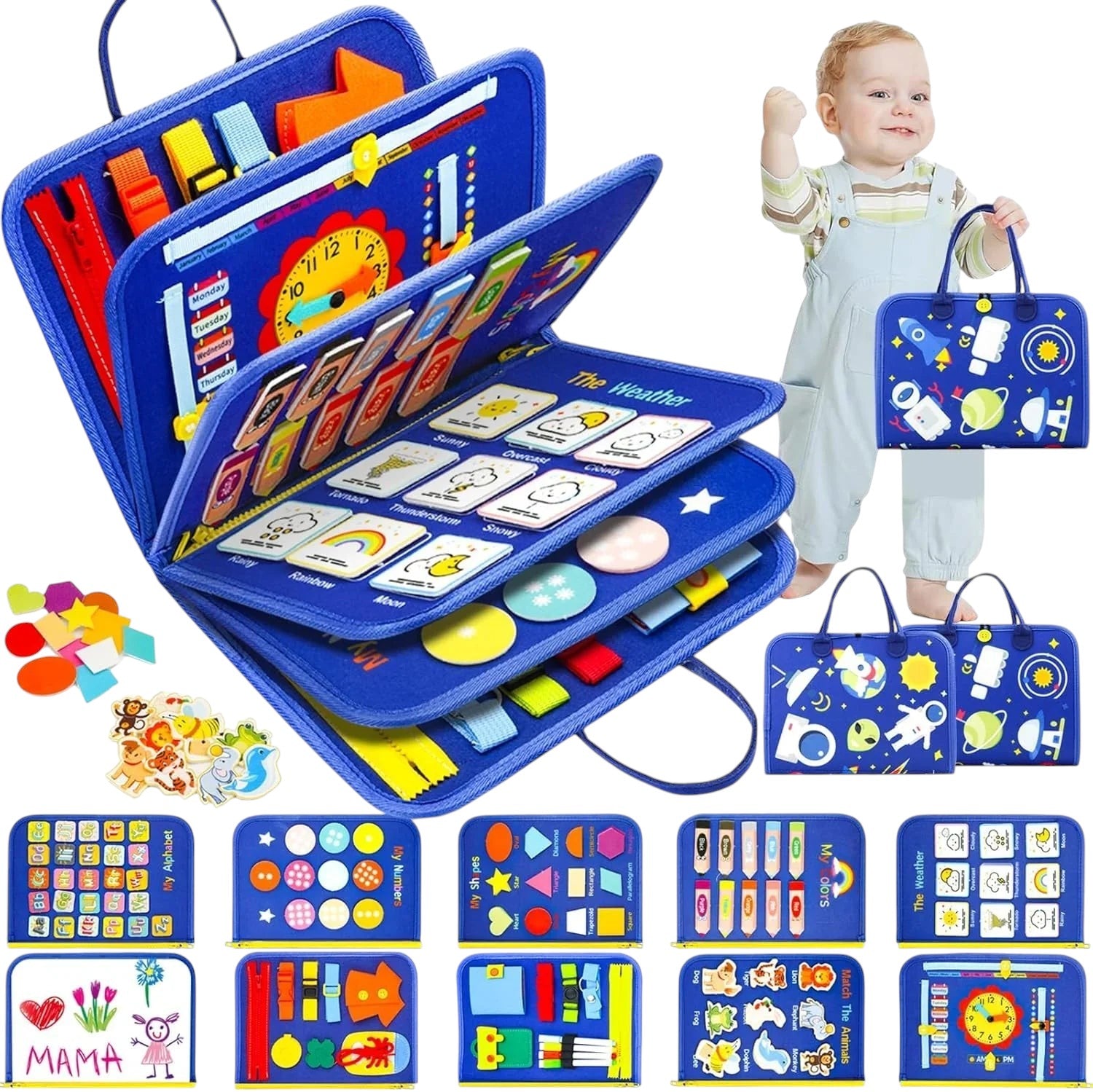 Essential Selects blue felt Montessori busy board with space-themed activities for toddlers to build motor skills.