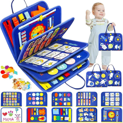 Essential Selects blue felt Montessori busy board with space-themed activities for toddlers to build motor skills.