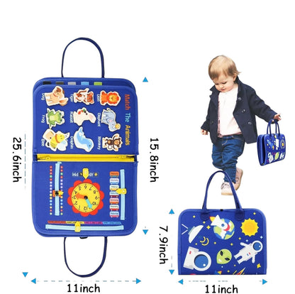 Essential Selects blue felt Montessori busy board for toddlers with animal matching, clock, and space-themed activities.