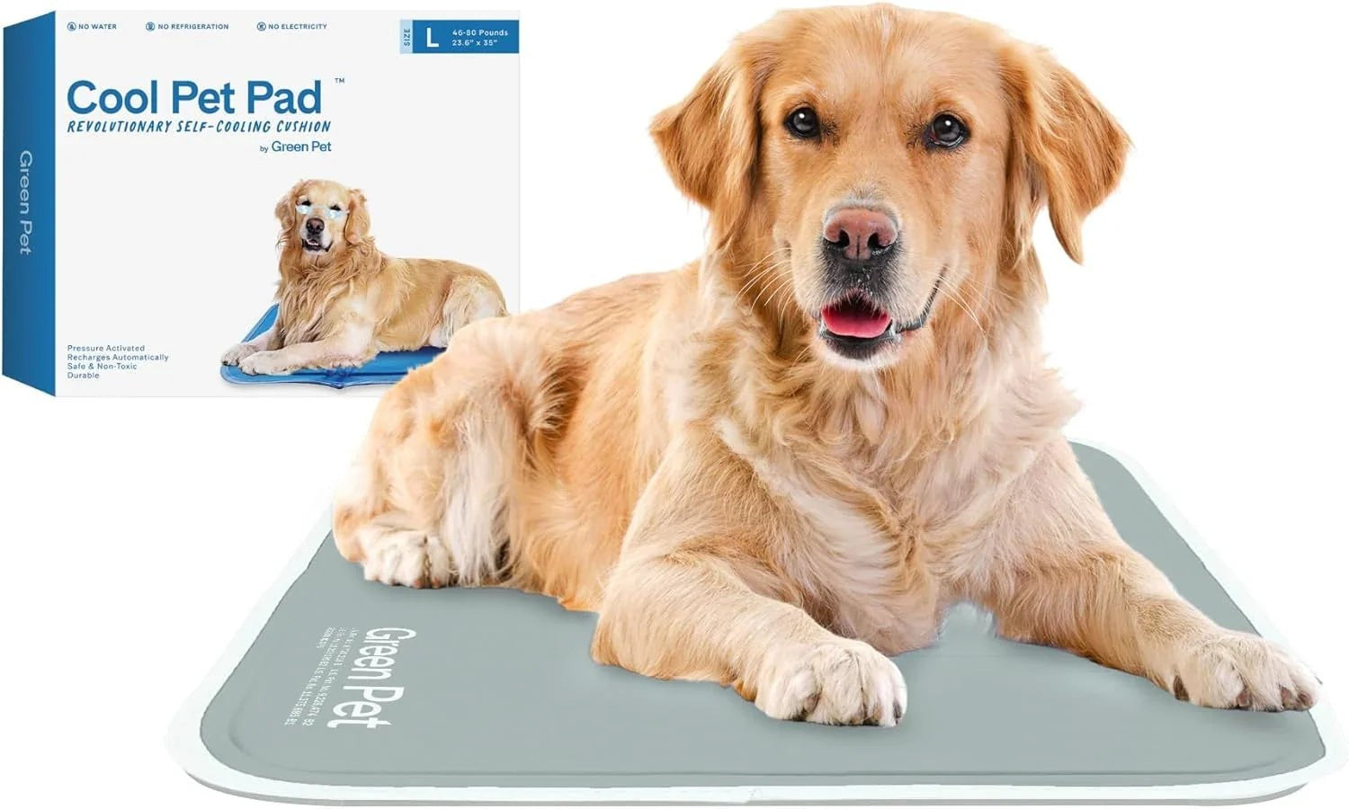 Essential Selects large blue self-cooling gel pet pad with a golden retriever resting comfortably on it