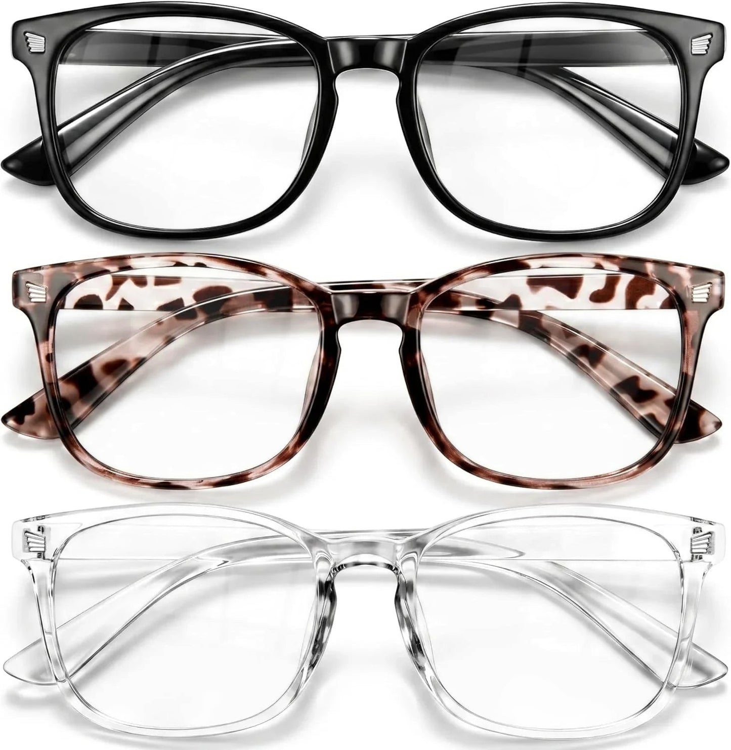 Essential Selects blue light blocking glasses for women in black, tortoiseshell, and clear frames with HD lenses.