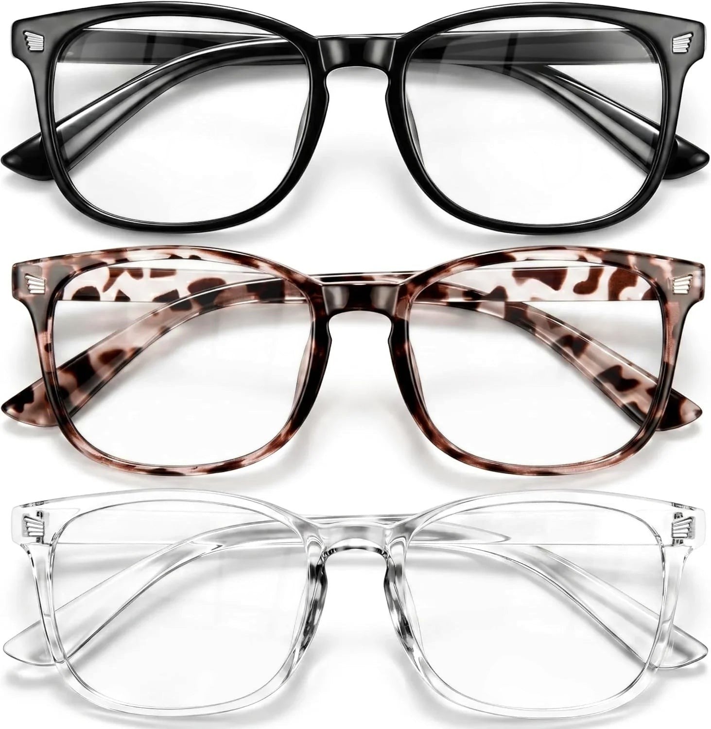 Essential Selects blue light blocking glasses for women in black, tortoiseshell, and clear frames with HD lenses.