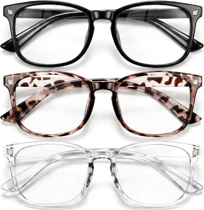 Essential Selects blue light blocking glasses for women in black, tortoiseshell, and clear frames with HD lenses.