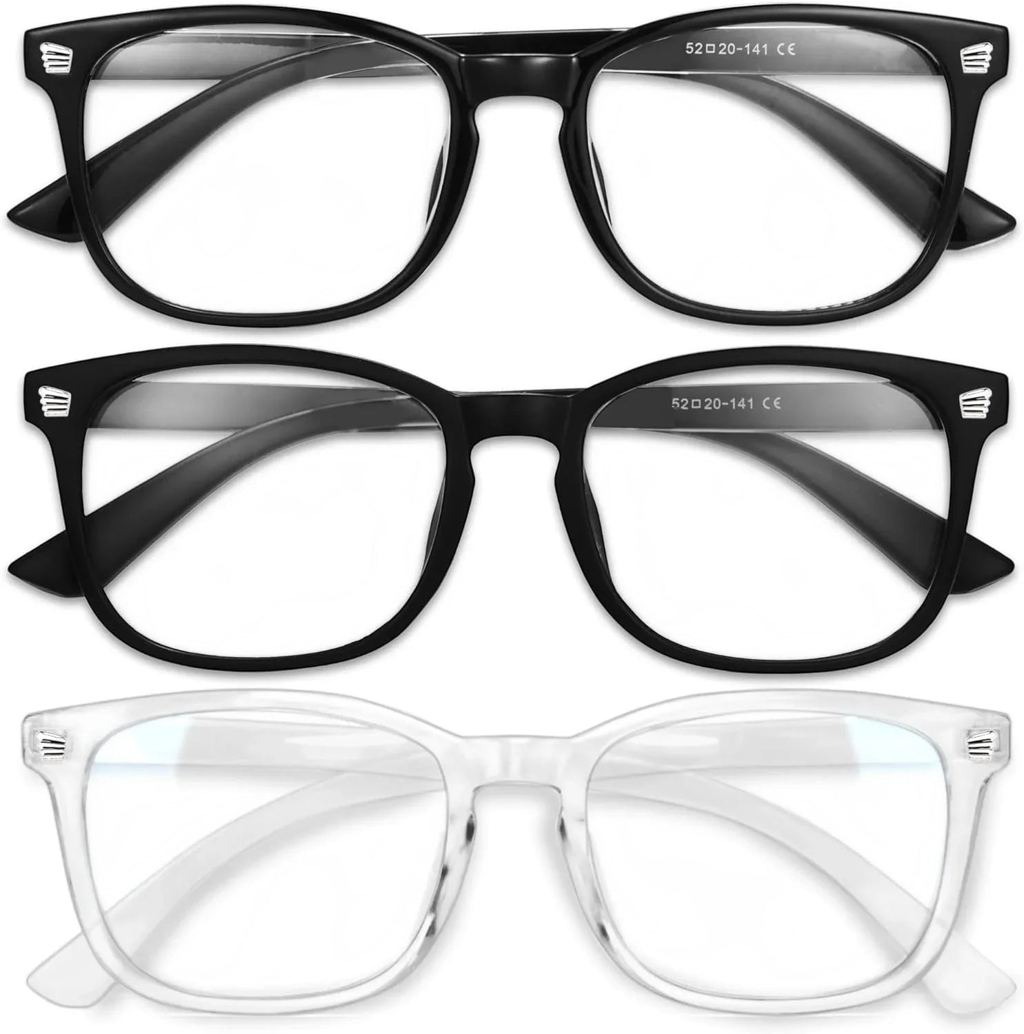Essential Selects blue light blocking glasses for women featuring two black and one clear frame in a lightweight design.