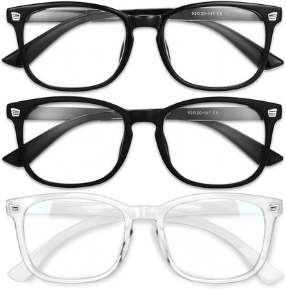 Essential Selects blue light blocking glasses for women featuring two black and one clear frame in a lightweight design.