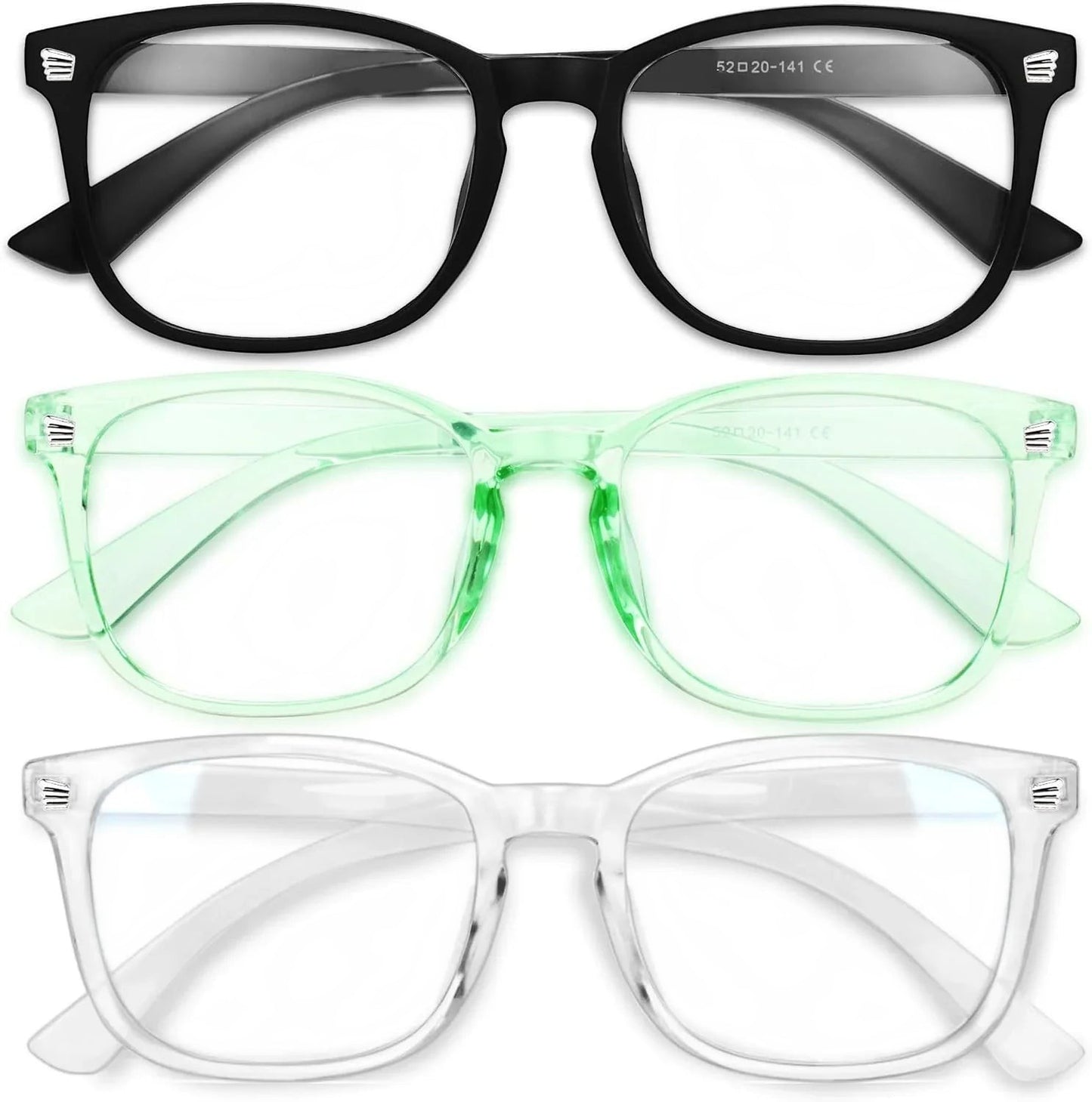 Essential Selects blue light blocking glasses for women in black, translucent green, and clear polycarbonate frames.