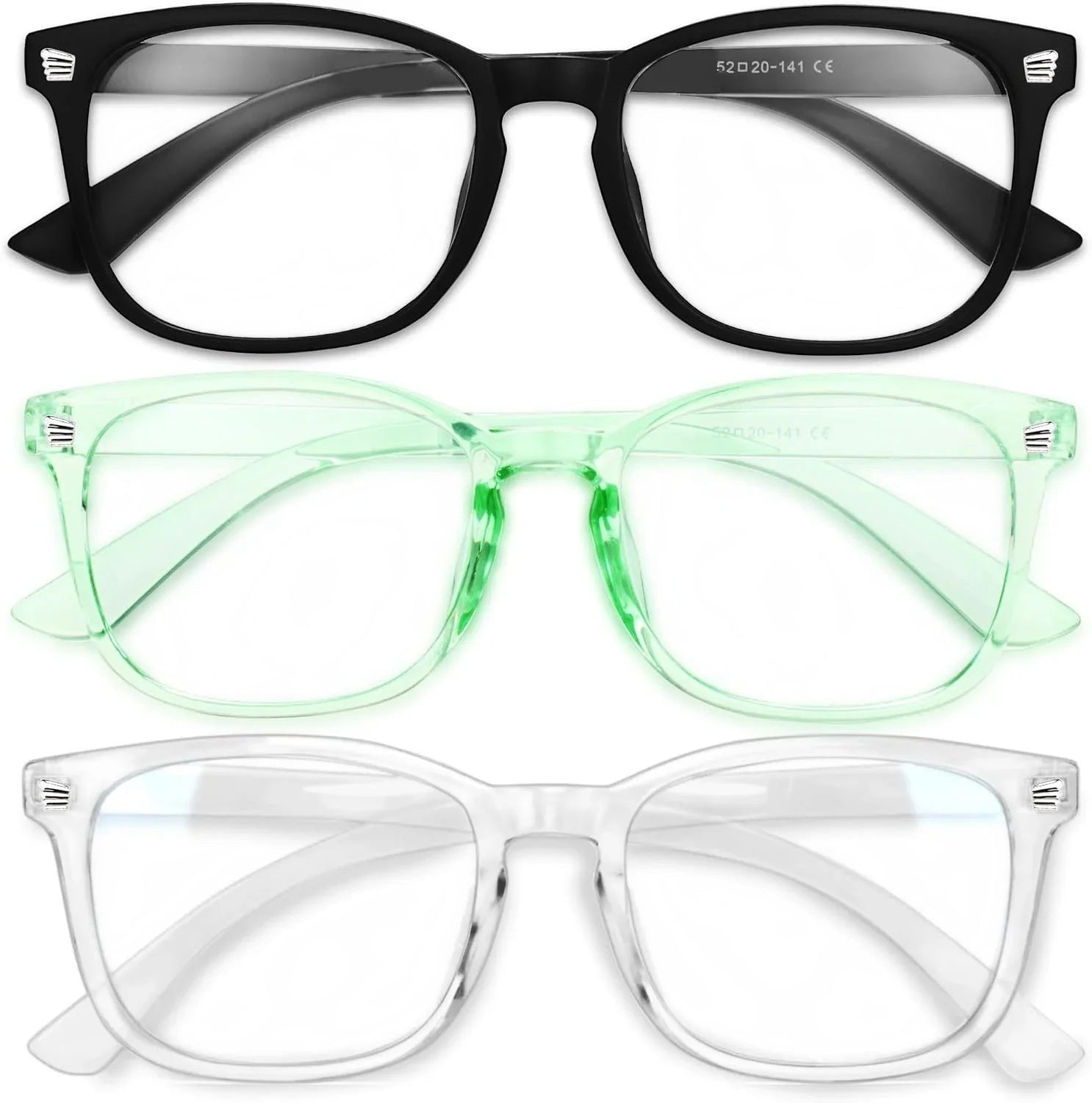 Essential Selects blue light blocking glasses for women in black, translucent green, and clear polycarbonate frames.
