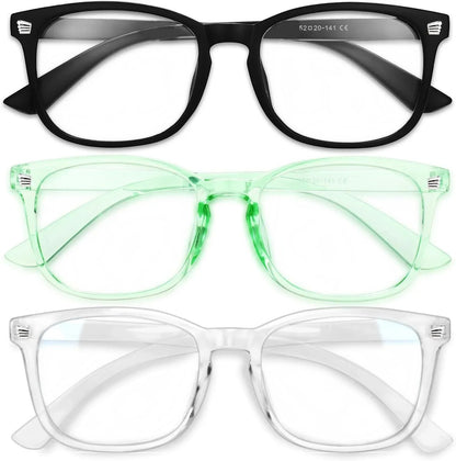 Essential Selects blue light blocking glasses for women in black, translucent green, and clear polycarbonate frames.