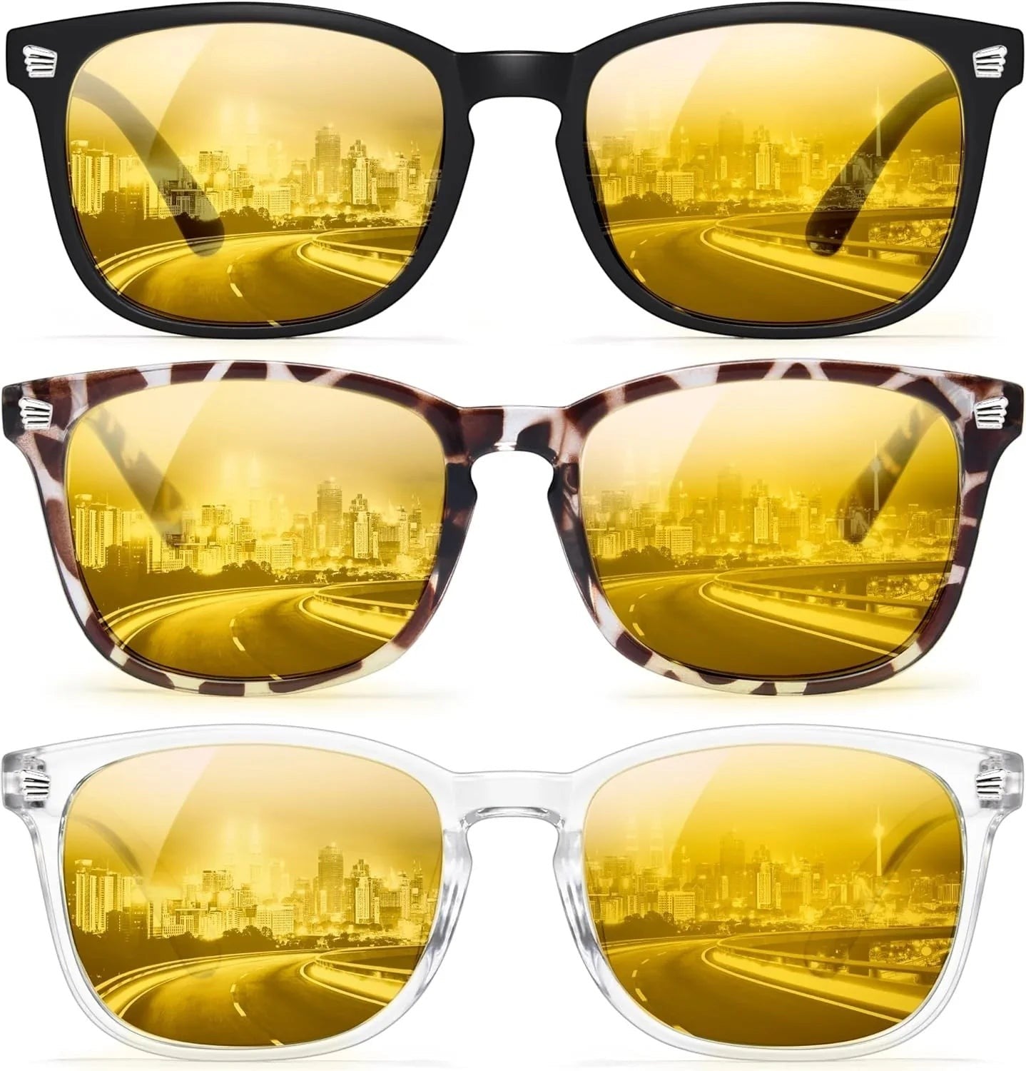 Essential Selects blue light blocking glasses for women with amber-tinted lenses in black, tortoiseshell, and clear frames.