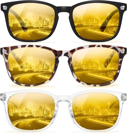 Essential Selects blue light blocking glasses for women with amber-tinted lenses in black, tortoiseshell, and clear frames.