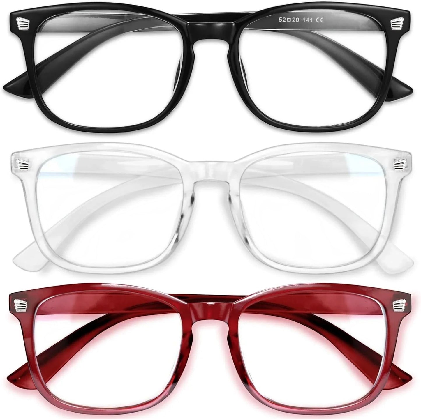 Essential Selects blue light blocking glasses in black, clear, and red frames for women with anti-reflective lenses.