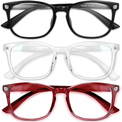 Essential Selects blue light blocking glasses in black, clear, and red frames for women with anti-reflective lenses.