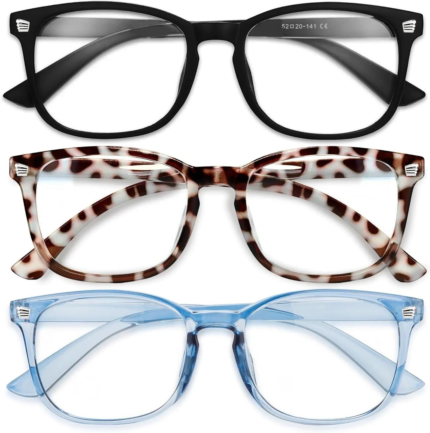 Essential Selects blue light blocking glasses for women in black, leopard print, and translucent blue frames.