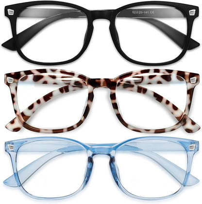 Essential Selects blue light blocking glasses for women in black, leopard print, and translucent blue frames.