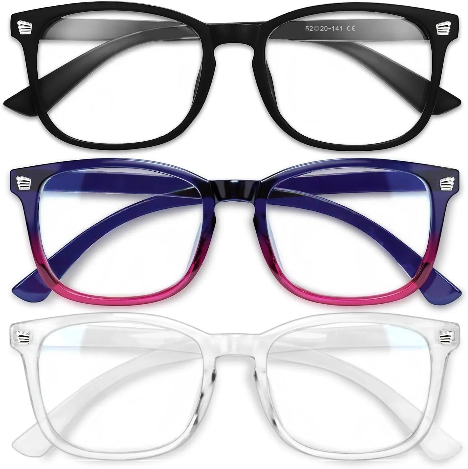 Essential Selects blue light blocking glasses for women in black, purple-pink gradient, and clear frames.
