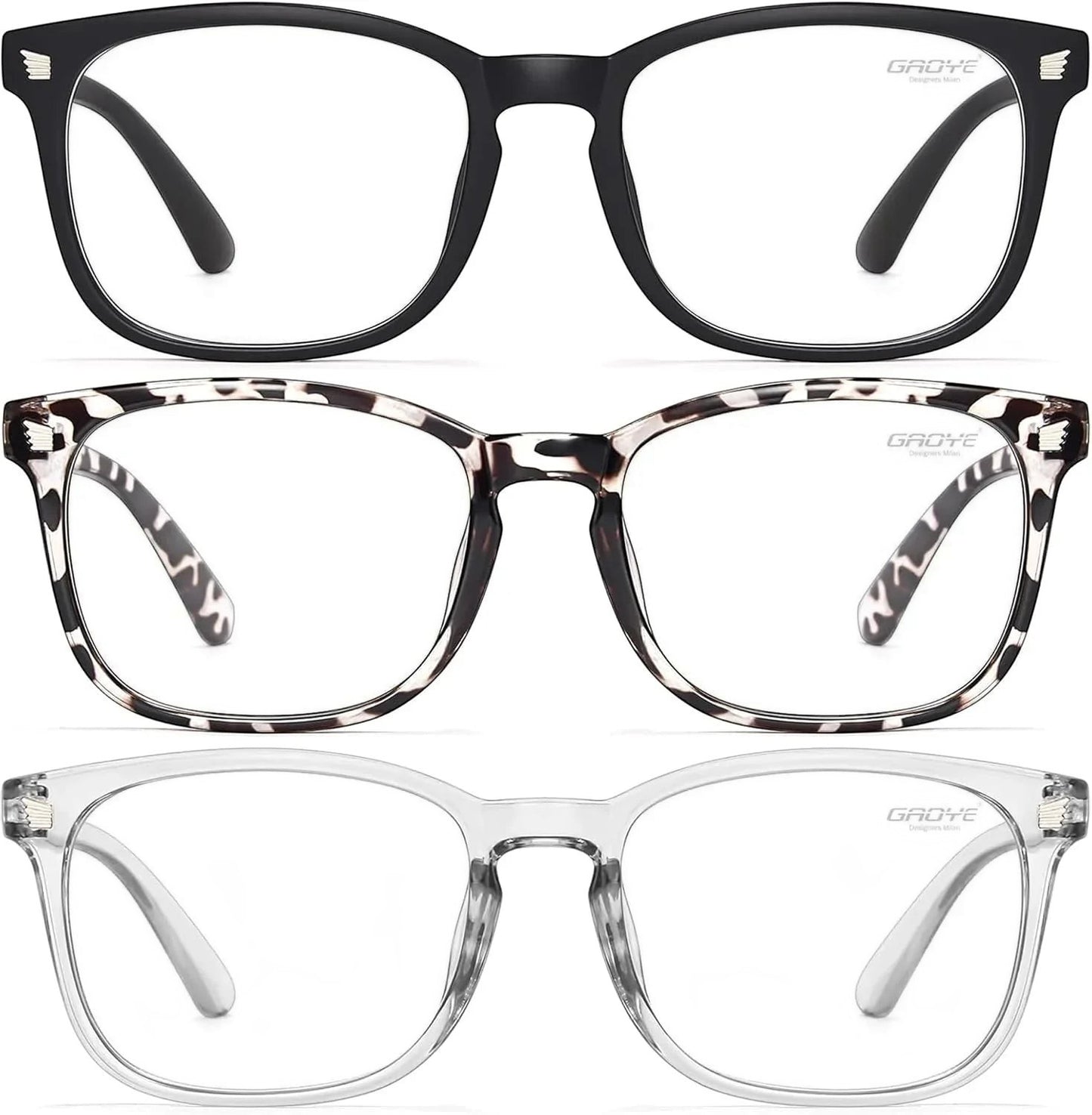 Essential Selects blue light blocking glasses for women in black, tortoiseshell, and clear frames with UV protection.