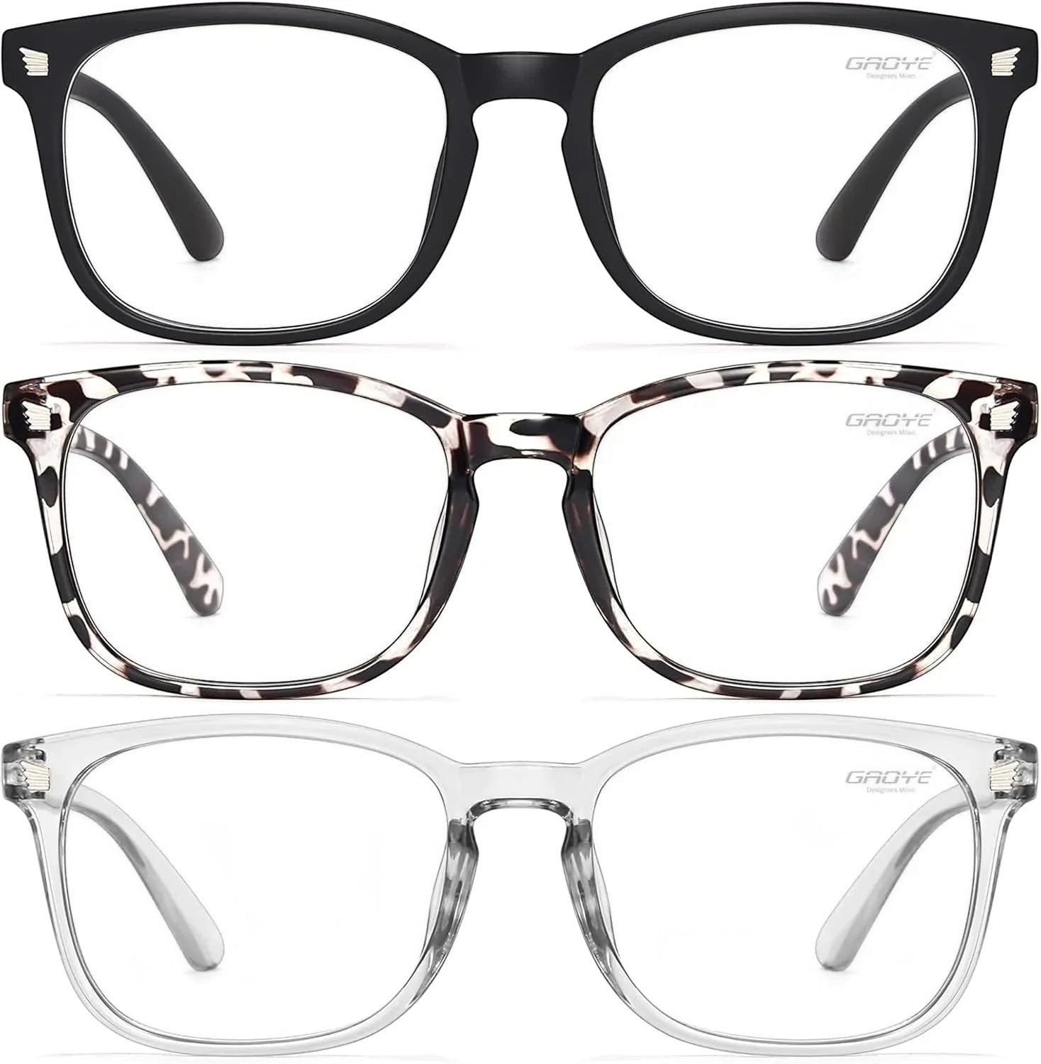 Essential Selects blue light blocking glasses for women in black, tortoiseshell, and clear frames with UV protection.