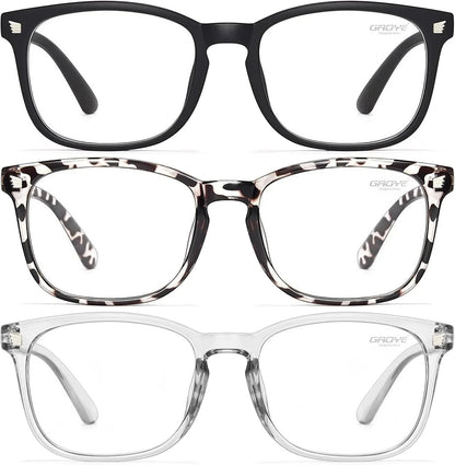 Essential Selects blue light blocking glasses for women in black, tortoiseshell, and clear frames with UV protection.
