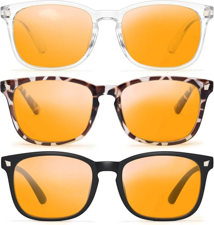 Essential Selects blue light blocking glasses for women with amber lenses in clear, tortoiseshell, and black frames.