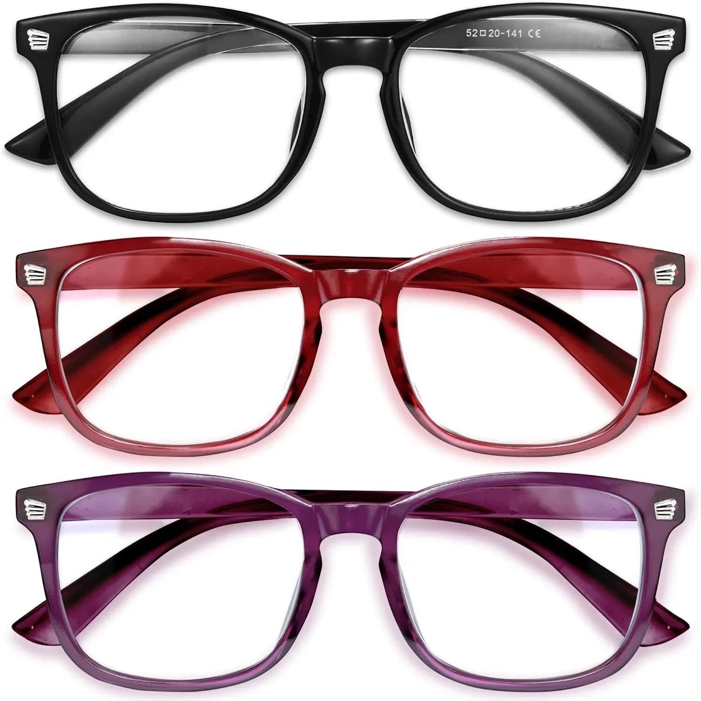 Essential Selects blue light blocking glasses for women in black, red, and purple frames with anti-reflective lenses.