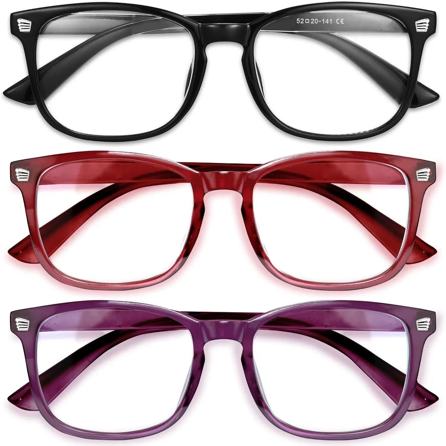 Essential Selects blue light blocking glasses for women in black, red, and purple frames with anti-reflective lenses.