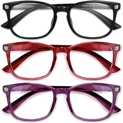 Essential Selects blue light blocking glasses for women in black, red, and purple frames with anti-reflective lenses.