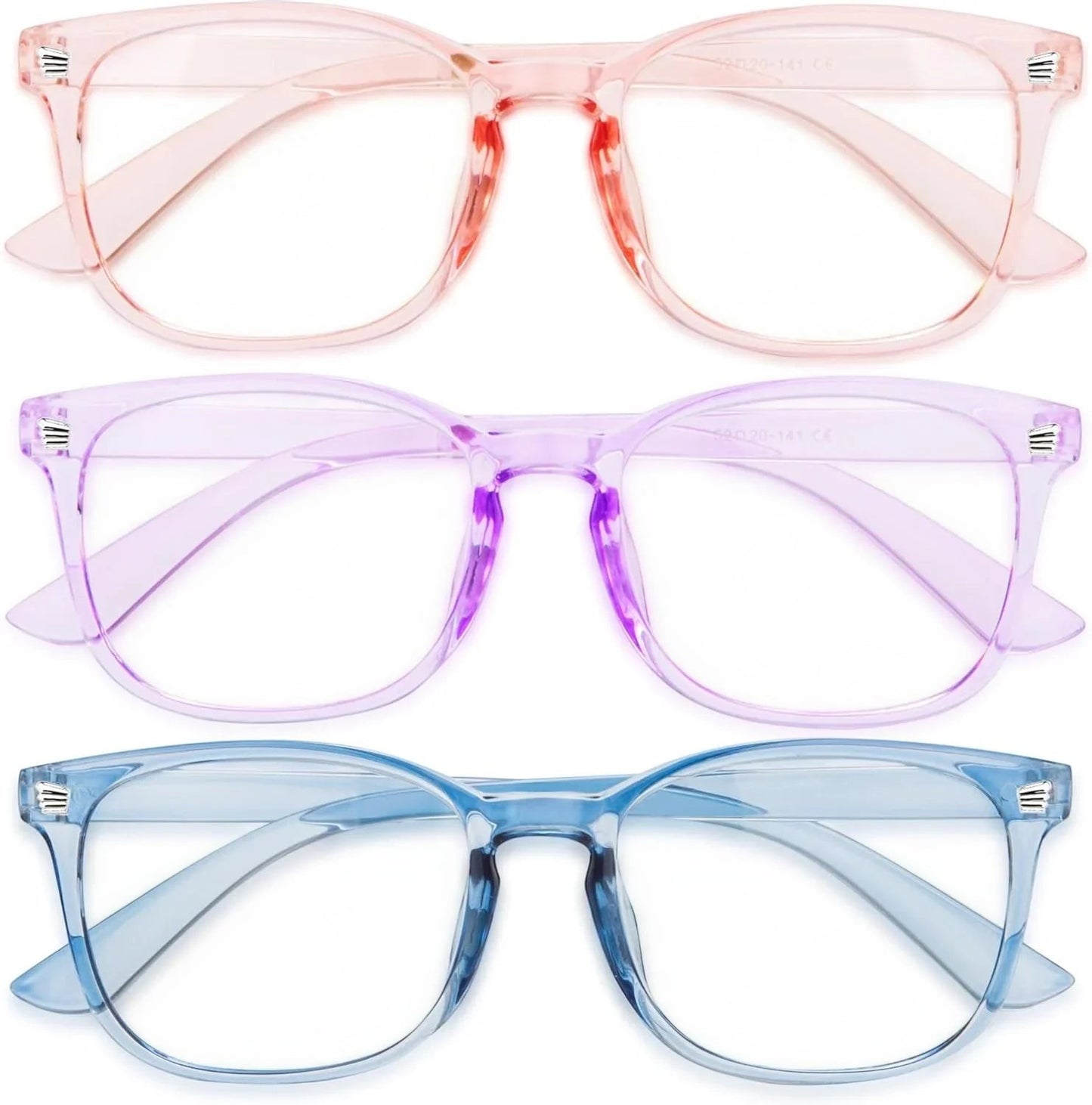Essential Selects blue light blocking glasses for women in pink, purple, and blue translucent polycarbonate frames.