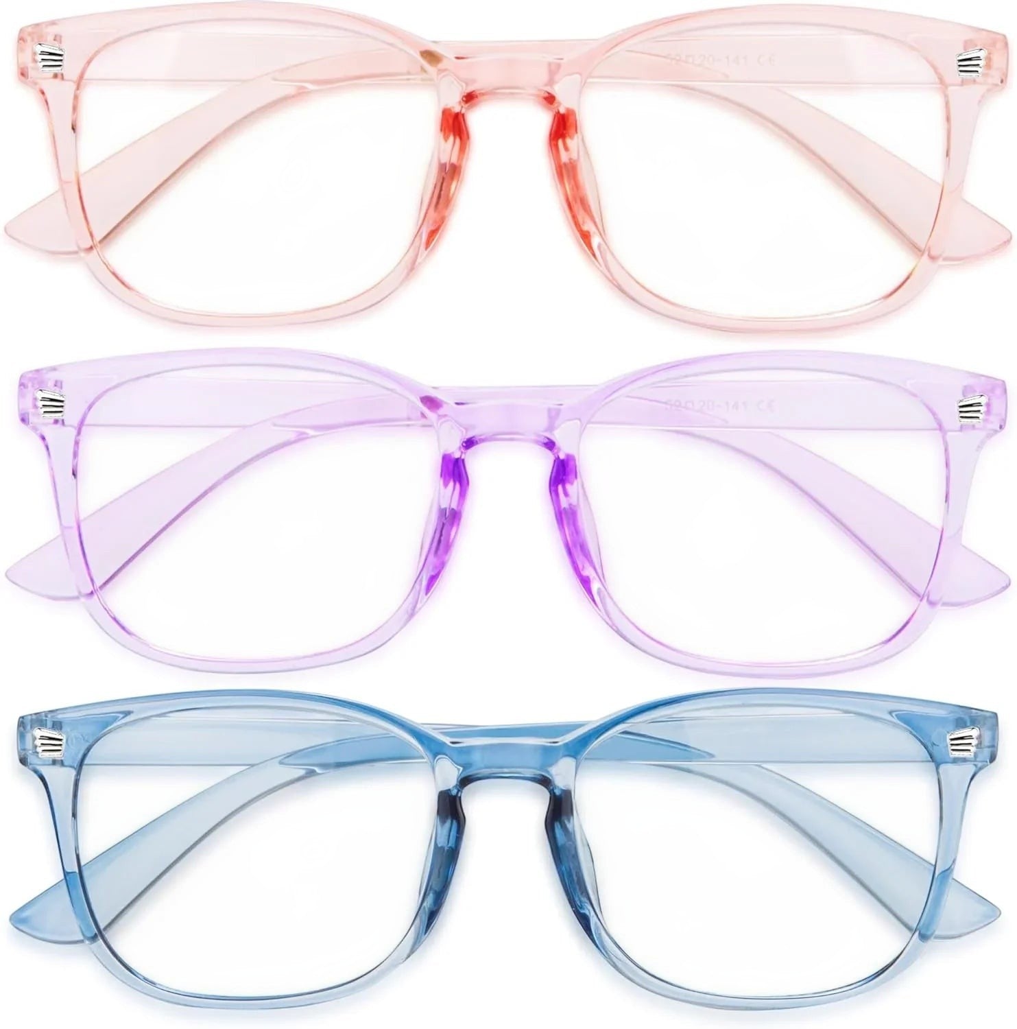 Essential Selects blue light blocking glasses for women in pink, purple, and blue translucent polycarbonate frames.