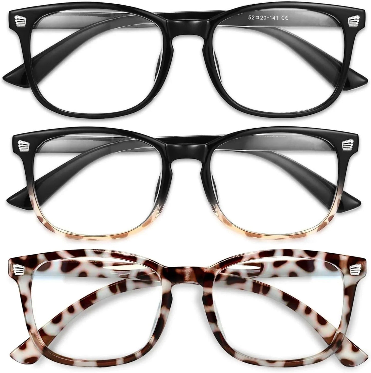 Essential Selects blue light blocking glasses for women featuring black, gradient, and leopard print frames.