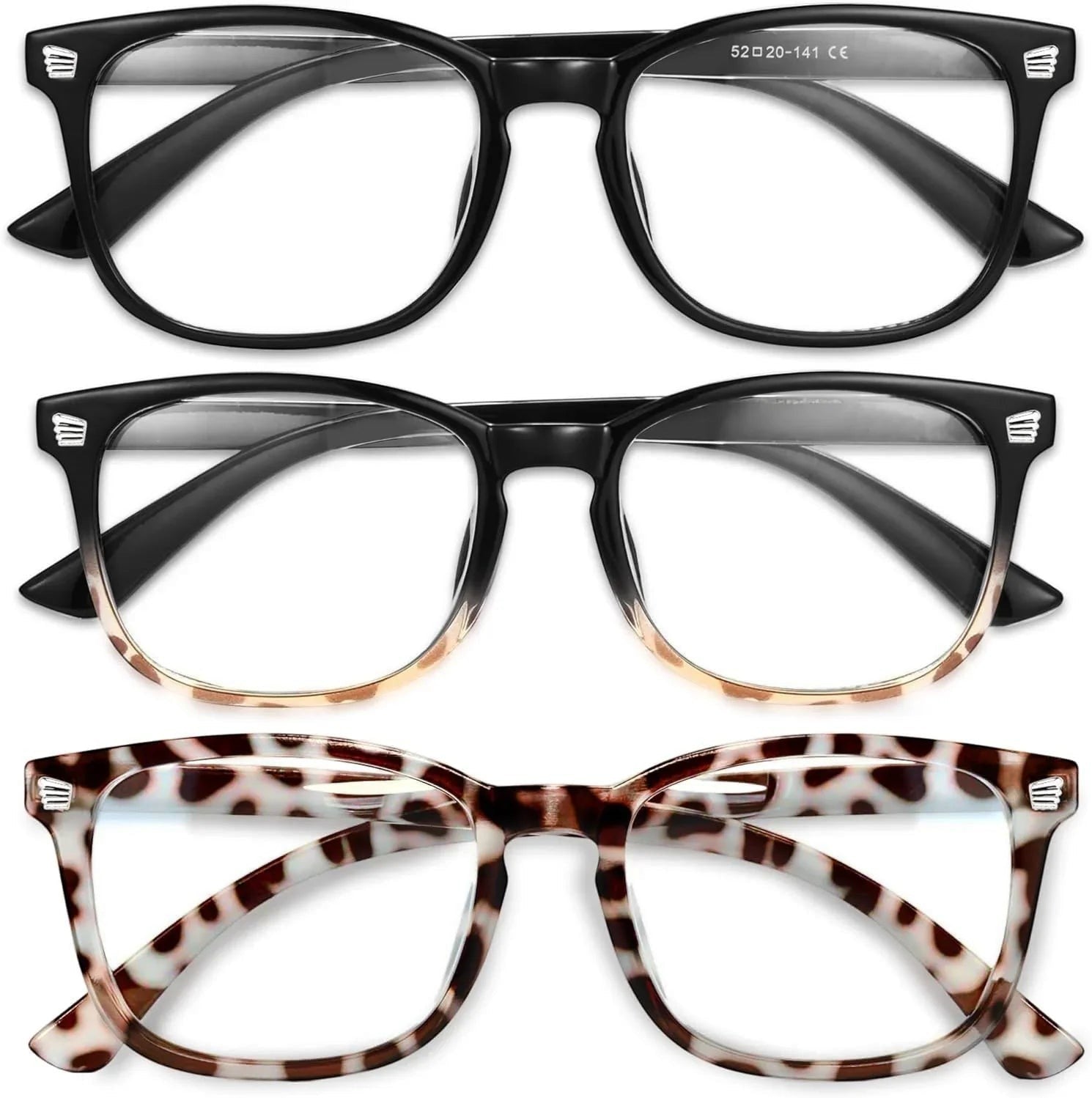 Essential Selects blue light blocking glasses for women featuring black, gradient, and leopard print frames.