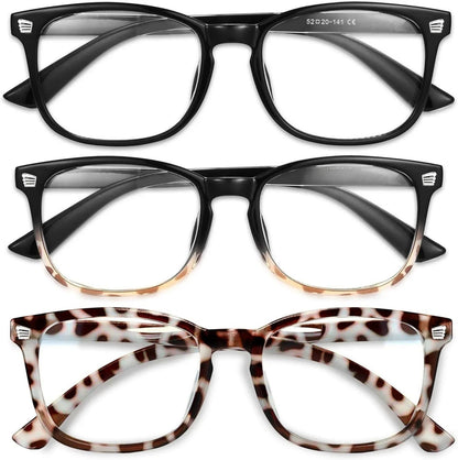 Essential Selects blue light blocking glasses for women featuring black, gradient, and leopard print frames.