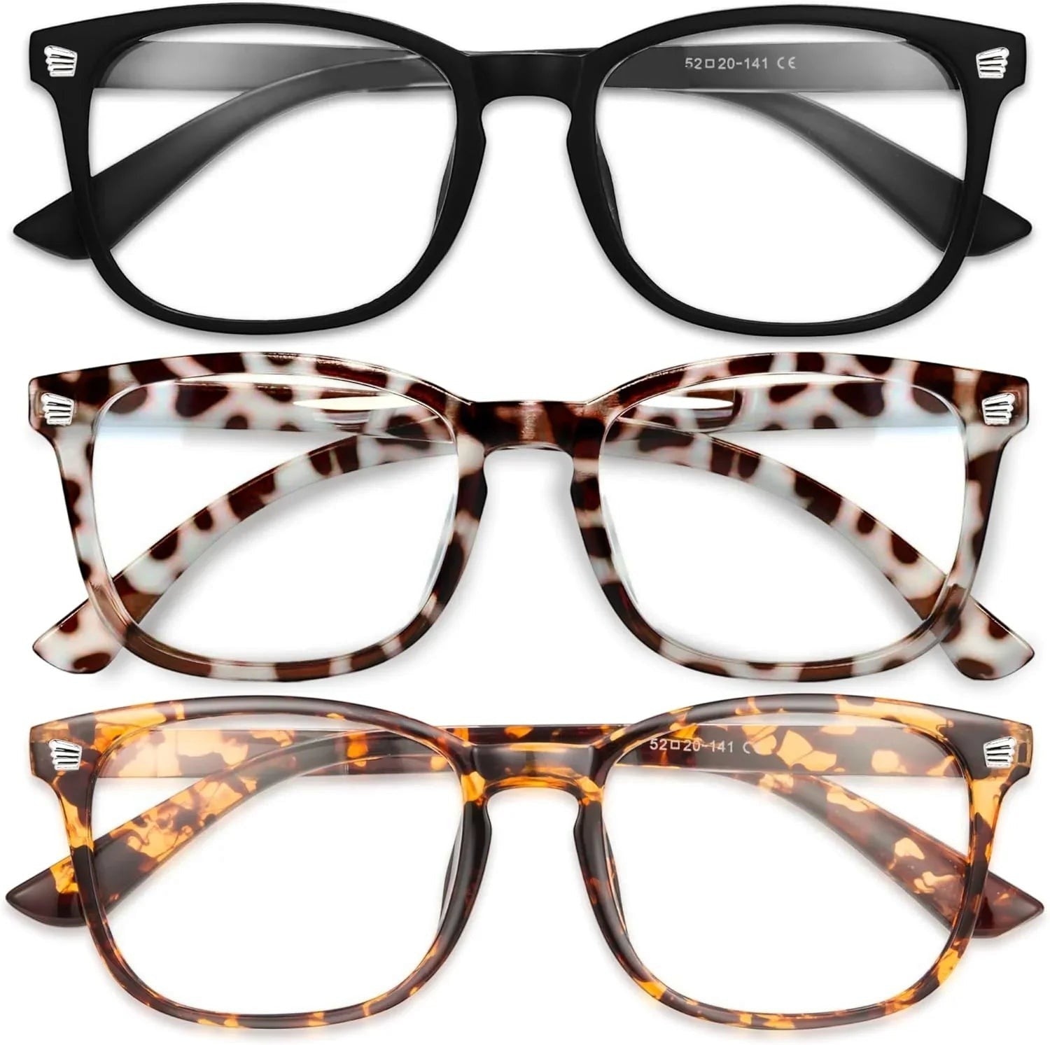 Essential Selects blue light blocking glasses for women featuring black, leopard print, and tortoiseshell frames.