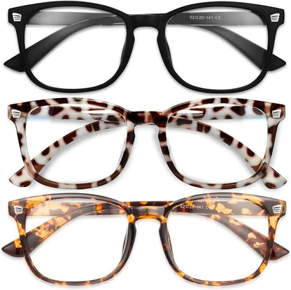 Essential Selects blue light blocking glasses for women featuring black, leopard print, and tortoiseshell frames.