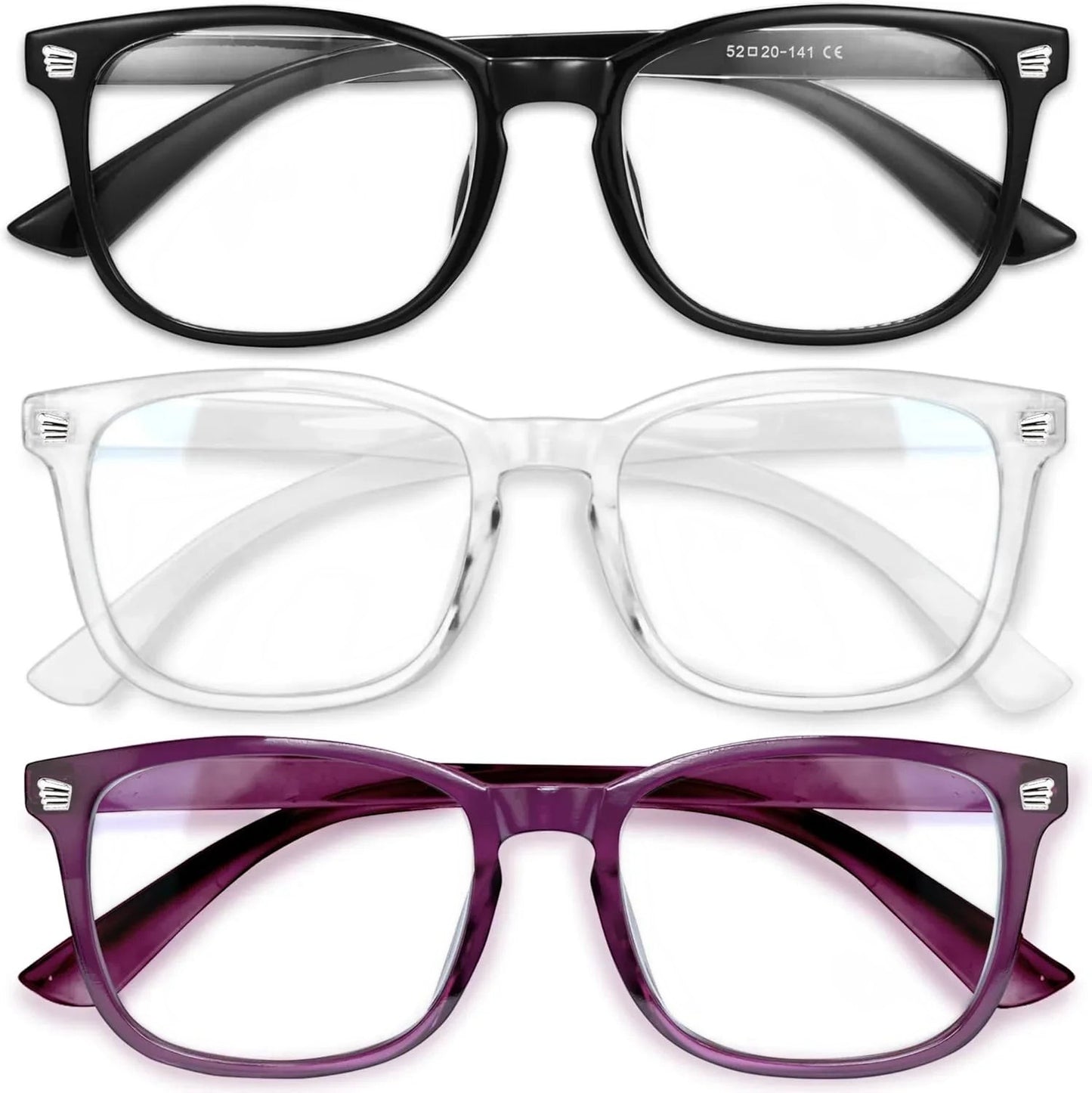 Essential Selects blue light blocking glasses for women in black, clear, and purple frames with anti-reflective lenses