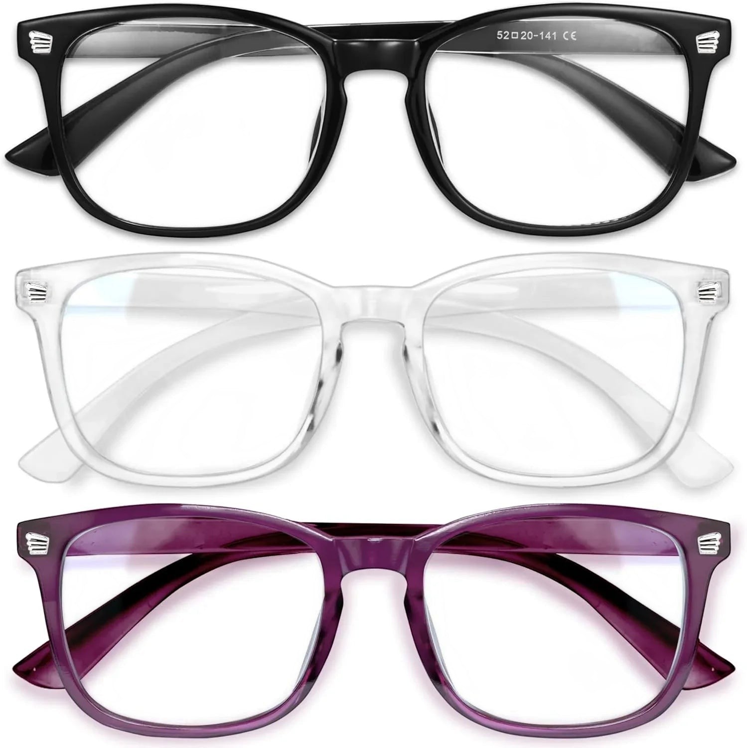 Essential Selects blue light blocking glasses for women in black, clear, and purple frames with anti-reflective lenses