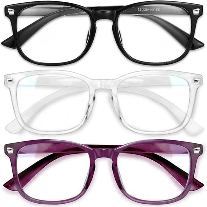 Essential Selects blue light blocking glasses for women in black, clear, and purple frames with anti-reflective lenses