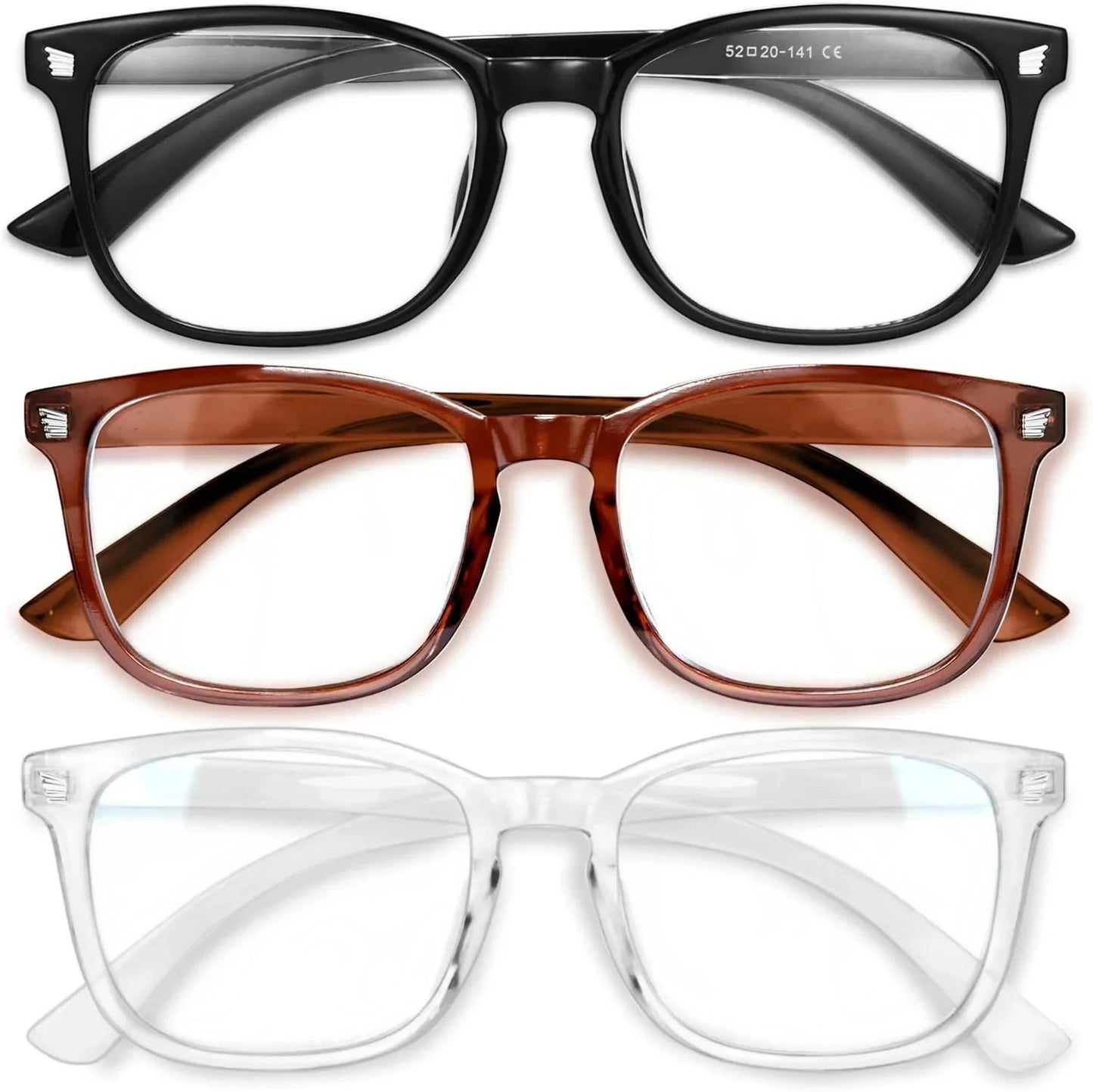 Essential Selects blue light blocking glasses for women in black, brown, and clear frames with lightweight design.