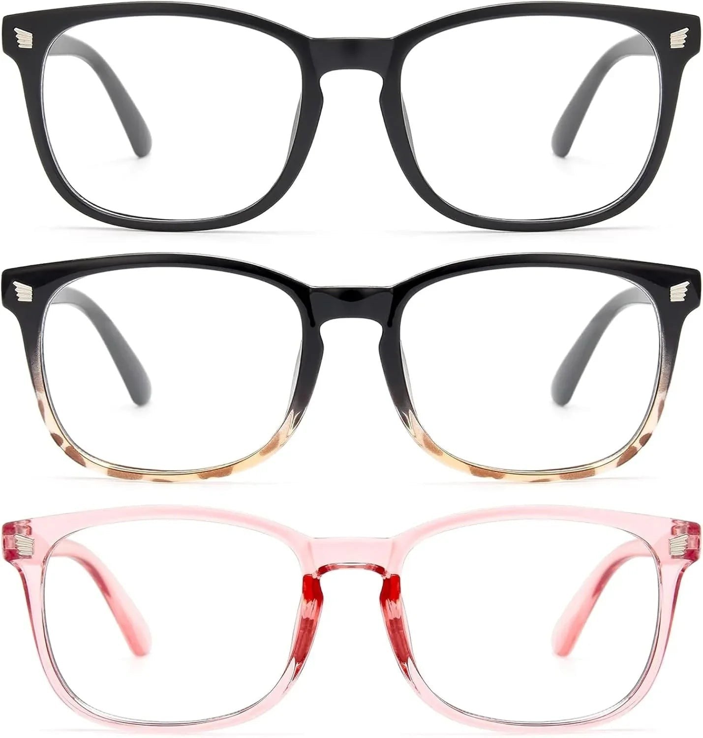 Essential Selects blue light blocking glasses for women in black, tortoise, and pink frames with lightweight design.