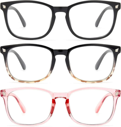 Essential Selects blue light blocking glasses for women in black, tortoise, and pink frames with lightweight design.