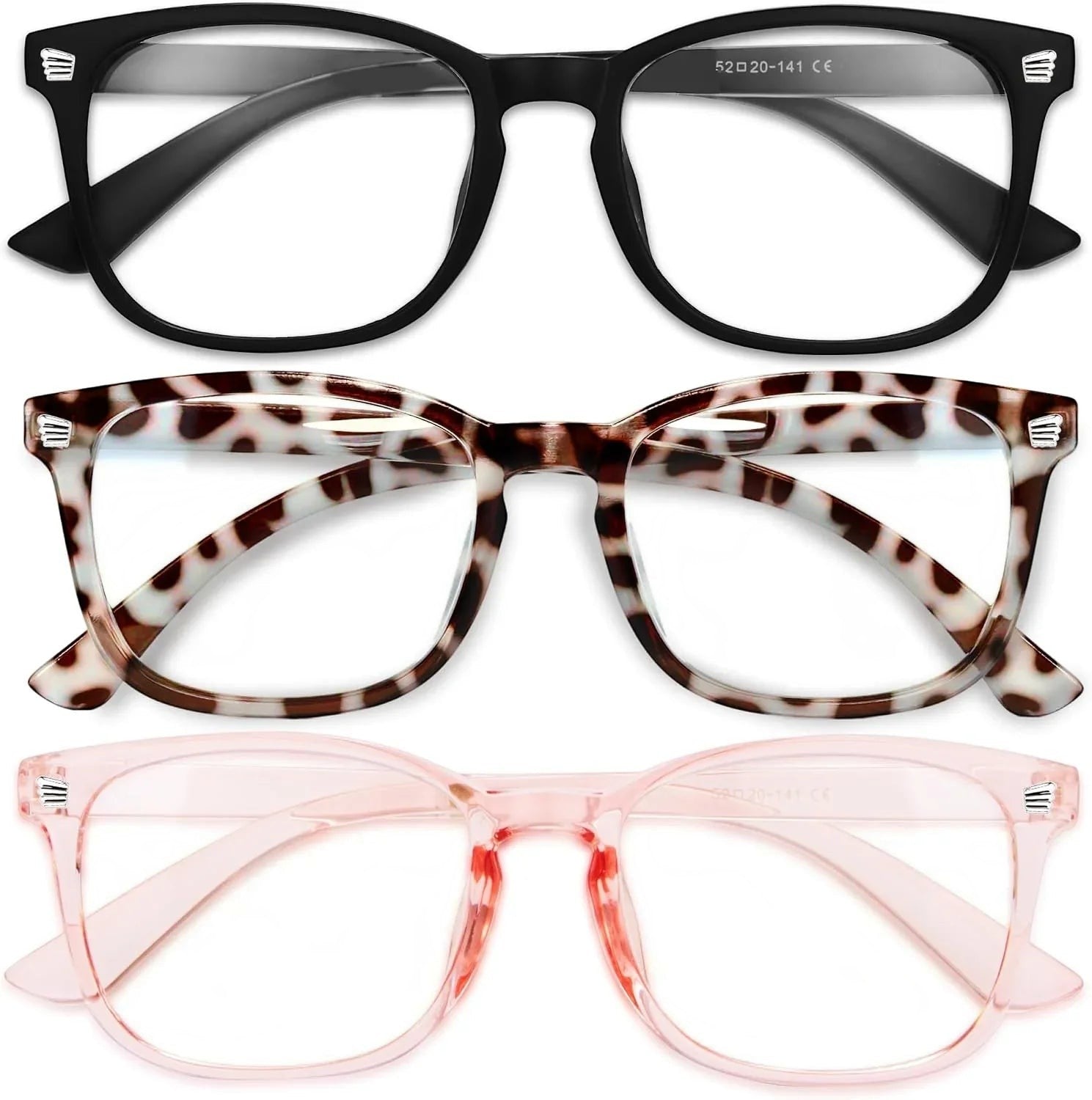Essential Selects blue light blocking glasses for women in black, leopard print, and translucent pink frames.