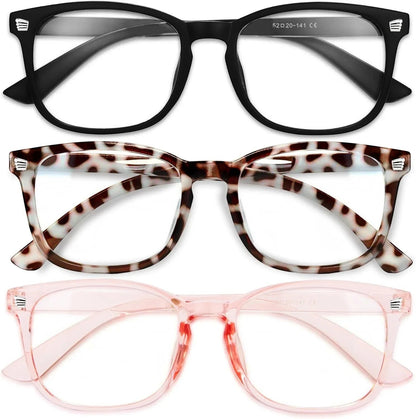 Essential Selects blue light blocking glasses for women in black, leopard print, and translucent pink frames.