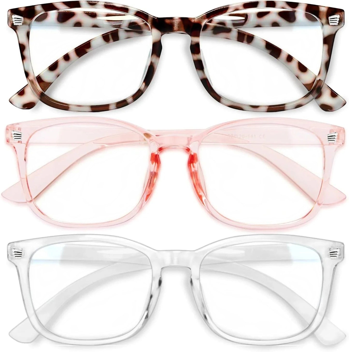 Essential Selects blue light blocking glasses for women in leopard print, translucent pink, and clear frames.