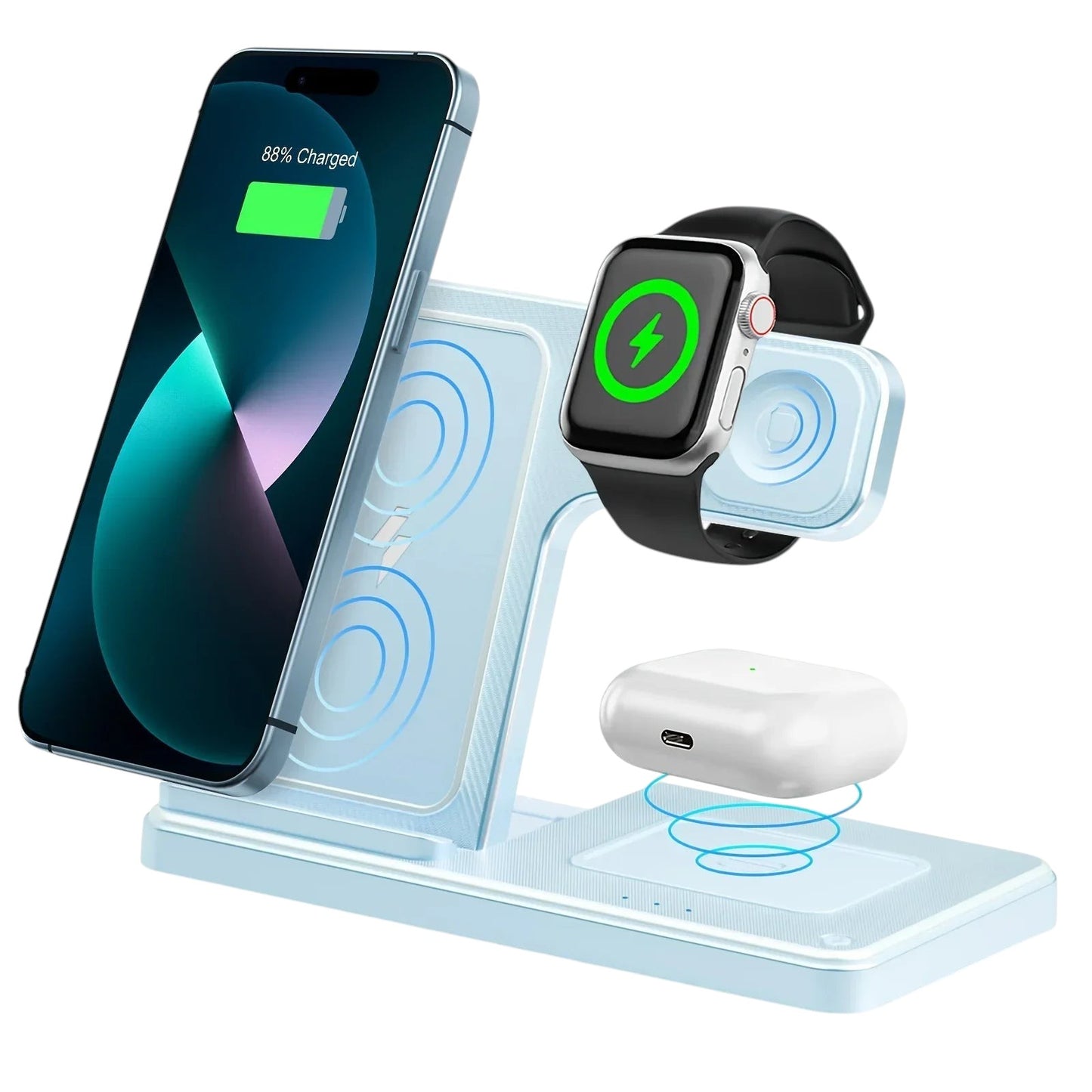Essential Selects light blue 3-in-1 magnetic wireless charging stand for iPhone, Apple Watch, and AirPods Pro.