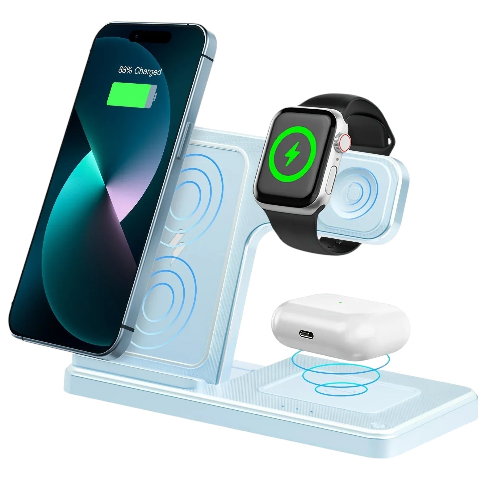 Essential Selects light blue 3-in-1 magnetic wireless charging stand for iPhone, Apple Watch, and AirPods Pro.