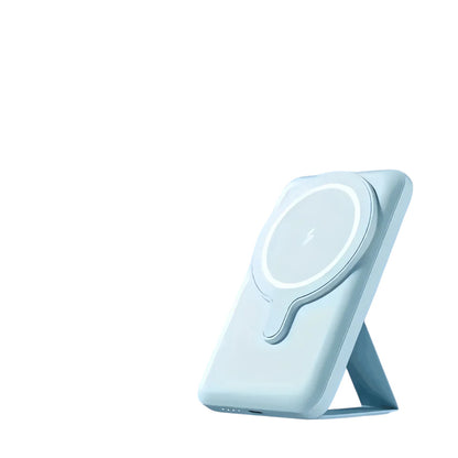Essential Selects blue magnetic wireless power bank with a foldable stand for iPhone charging.