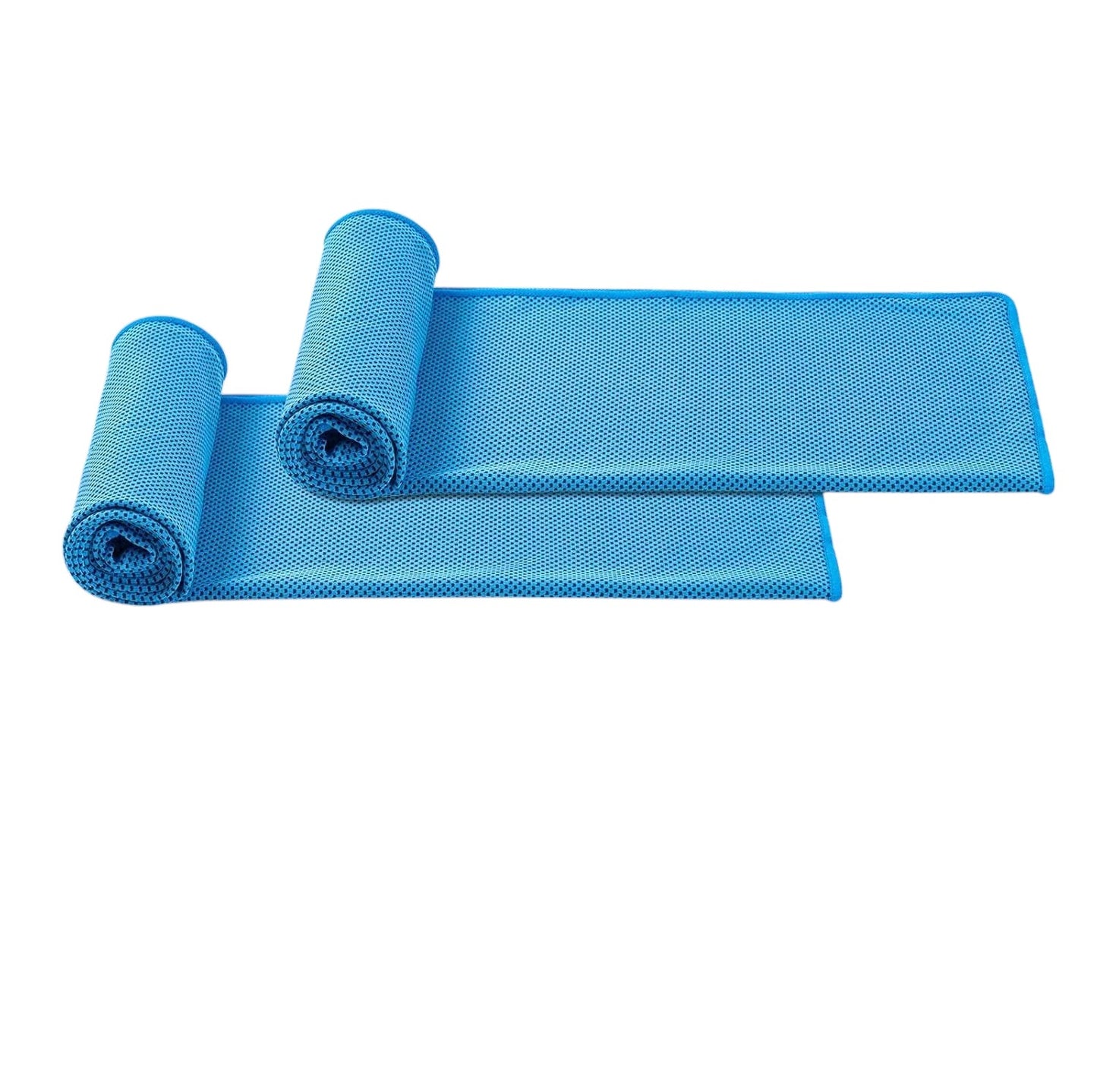 Essential Selects light blue microfiber cooling towels with mesh weave, shown with usage steps for sports and relief.