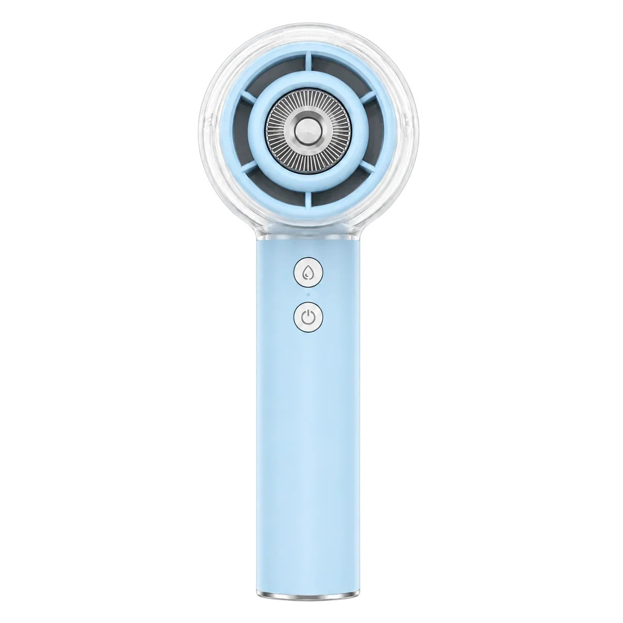 Essential Selects light blue handheld misting fan with a 6000mAh rechargeable battery and four adjustable speed settings.