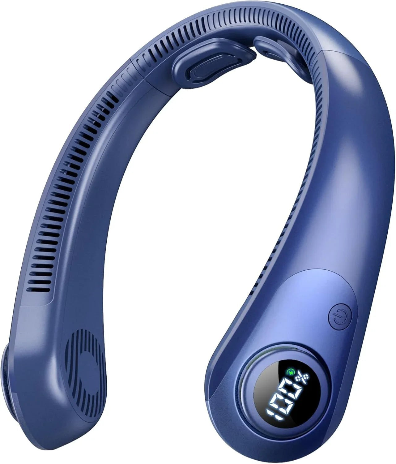 Essential Selects blue wearable neck fan with LED digital display, 5 speed settings, and bladeless design.